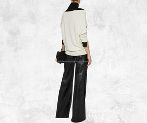 Women Black Leather Loose Fit Pants Genuine Wide Leg Trousers High Quality Leather Bottoms Soft Lambskin Leather Pants for Women - Product Image 3