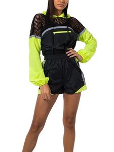 Women's <b>Cropped</b> Windbreaker Shorts Set <b>Top</b> Selling Color Block <b>Mesh</b> Paneled Above Knee Two-Piece Set Windbreaker Patchwork - Product Image 5