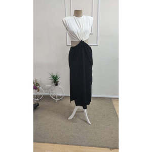Vestido Largo de Crepé Brillante de Dos Tonos con Hombros Altos, Cuello Redondo y Laterales Abiertos, con Relleno, para Mujer, 37986 - Blanco - Product Image 6