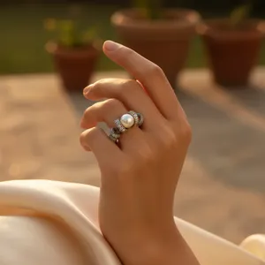 Art Palace Women's 925 Silver Gemstone Freshwater Pearl Cocktail <b>Ring</b> with Pave Diamond Setting Classic <b>Wedding</b> Band Jewelry - Product Image 3