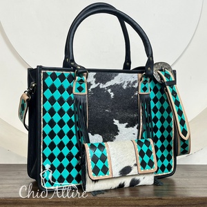 2025 bolso de mano de cuero de vaca de gran capacidad de lujo y bolso de mano a cuadros cartera de mano conjuntos de dos piezas a juego - Product Image 1