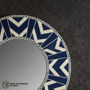 Miroir rond en os incrusté bleu et blanc fait à la main, motif géométrique en chevron de luxe, décoration murale, miroir décoratif d'accent, fait à la main - Product Image 5