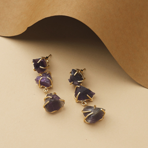 Handcrafted Trendy <b>Raw</b> <b>Amethyst</b> Stone Tassel Drop Earrings Brass Gold Finish Party Jewelry - Product Image 2