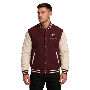 Chaqueta Varsity Personalizada Unisex de Lana y Cuero Color Granate para Bordar, Estilo Preppy, Corte Regular, Cuello Alto, Resistente al Viento y Transpirable - Product Image 2