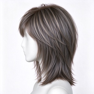 Cool Ash Brown Highlighted Shaggy Wolf Cut <b>Synthetic</b> <b>Wig</b> With Thin Bangs - Product Image 6