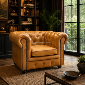Luxury Convertible Genuine Leather Chesterfield Armchair 1 Seater <b>Sofa</b> | Vintage Tufted Button Rolled Arm Chair Solid Wood <b>Legs</b> - Product Image 1