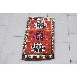 1.4x2 ft Rug, Turkish Rug, Vintage <b>Red</b> <b>Wool</b> Abstract Rug - Product Image 1