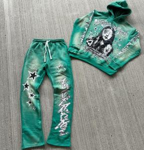 High Quality Full Zip US Washed Two Piece Hoodie and Flare Pants <b>Set</b> Acid Wash Embroidered Sweat Suit Trending Unisex Tracksuit - Product Image 3