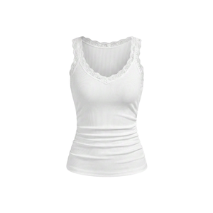 Débardeur Femme Blanc Côtelé en Dentelle Col V Coupe Ajustée Extensible Camisole Sans Manches Décontracté Été Tricoté Respirant Séchage Rapide Logo au Dos - Product Image 3