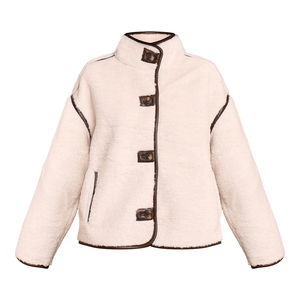 Veste en polaire crème pour femmes avec bordure contrastée, fermeture à boutonnière, col montant doux, manches longues, vêtement d'extérieur confortable et chaud, mode automne-hiver - Product Image 1