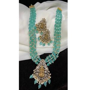cold-Plated Goddess Laxmi Temple Necklace <b>Set</b> Aqua Beaded Temple Jewelry with Earrings Traditional Kundan & <b>Bead</b> Necklace <b>Set</b> - Product Image 2