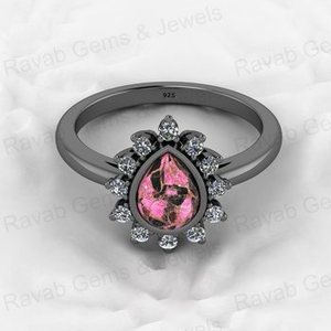 Christmas Sale 925 Genuine <b>Silver</b> Women's Engagement <b>Ring</b> 6X8mm Pear Pink Black Copper Turquoise Gemstone CZ Wedding Jewelry - Product Image 2