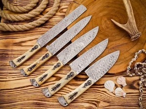High Quality Damascus Steel Chef <b>Knife</b> Set 5-Pcs Full Tang Design <b>Leather</b> <b>Roll</b> Kit for Paring Peeling Kitchen Use. - Product Image 3