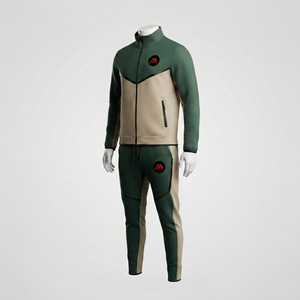 Ensemble de survêtement vert foncé pour homme – Veste athlétique zippée intégrale avec empiècements beiges et pantalon de jogging – Tenue de sport pour entraînement, gym et fitness - Product Image 2