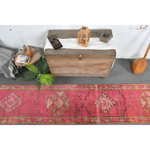 Tapis turc vintage 2.3x11,4 pieds rouge marron grande surface laine Patchwork Design pour couloir ou chambre à coucher latex soutenu - Product Image 4