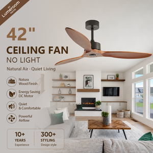 42 Inch Solid Wood <b>Ceiling</b> <b>Fan</b> Without Light with <b>Remote</b> Downrod Mount Reversible DC Motor for Bedroom Living Room - Product Image 1