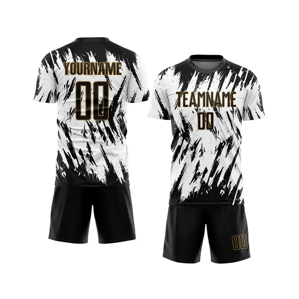 Individuelle weiß schwarz alt gold Sublimation Fußballuniform Jersey belüftete Netzplatte Einsätze  personalisierte Sportbekleidung Teams