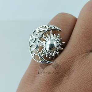 925 Sterling Silver Sun <b>Moon</b> <b>Ring</b> Handmade Boho Celestial Jewelry 18K Plating Gift for Her Inlaid Crescent <b>Moon</b> Design - Product Image 6
