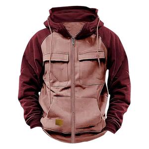 Chaqueta con capucha y cremallera con cuello levantado para hombre al por mayor RTS, ropa de calle con bloque de color y logotipo personalizado, abrigo informal con capucha multibolsillo - Product Image 2