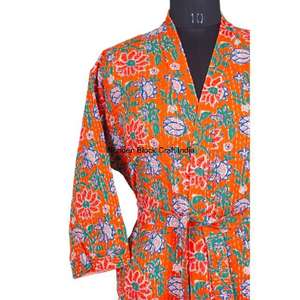 Robe kimono en coton tricoté respirant réversible matelassé Kantha fait à la main, peint à la main, veste longue pour femmes, vêtements de nuit d'été - Product Image 5