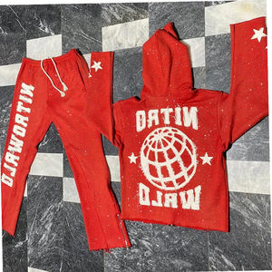 Ensemble sweat à capuche zippé intégral unisexe et pantalon de survêtement zippé, avec strass et patchs effet vieilli, 100% coton, fabrication sur mesure - Product Image 5