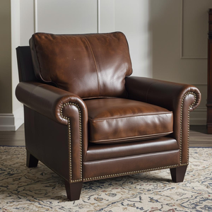 Fauteuil classique élégant en cuir véritable, siège rembourré doux, accoudoirs roulés, fauteuil d'appoint confortable pour la maison et l'hôtel - Product Image 1