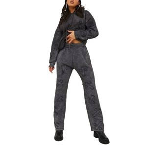 Custom Logo 100% Cotton Oversized Breathable Acid Wash <b>Women</b> Tracksuit Wholesale <b>Women</b> 100% Cotton Acid Wash Tracksuits - Product Image 1