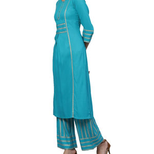 Ensemble Kurta et Palazzo pour femmes, formel, en coton à séchage rapide, uni, coupe droite, longueur cheville, pour l'été, en turquoise et or - Product Image 1