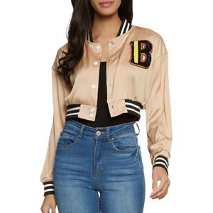 OEM Custom High Quality Ladies Cropped Full Satin <b>Varsity</b> Bomber <b>Jackets</b> New Stylish <b>Vintage</b> Embroidered Letterman <b>Jackets</b> for - Product Image 6