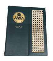 Couverture de menu en cuir PU certifié ISO, durable et de qualité supérieure, avec plaque métallique dorée intégrale, logo embossé, design en bambou pour usage en restaurant