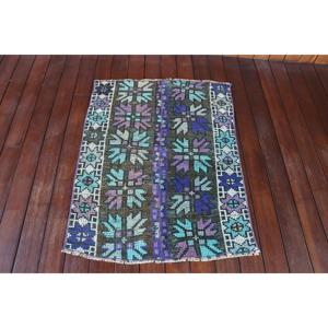 พรมวินเทจขนาดเล็ก, พรมตุรกีขนาด 2.3x3 ฟุต, พรมขนสัตว์สีม่วงลายนามธรรม - Product Image 1