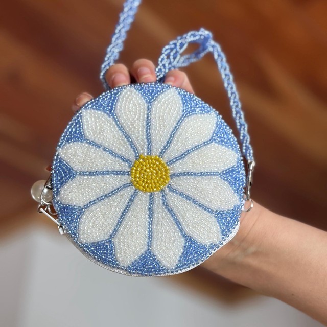 Handmade Beaded Storage Bag Daisy Flower Design Colorful Beadwork Unique Handcrafted Fashion Accessory 100% Cotton American