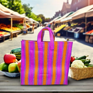 Bolsas de compras de lona a rayas tejidas PP de nailon reciclado respetuoso con el medio ambiente personalizables Bolsas de mercado de telar manual reutilizables hechas - Product Image 3