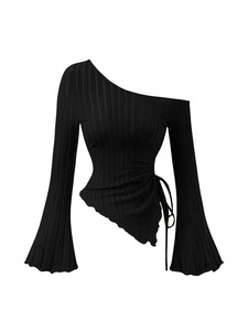 Haut asymétrique à une épaule en maille à manches lanternes, grande taille, couleur unie, design froncé, pour adolescentes, broderie décontractée 100% - Product Image 4