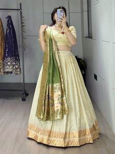 Lehenga Choli en soie Paithani verte pour femmes avec dupatta traditionnel, tenue de fête - Product Image 2