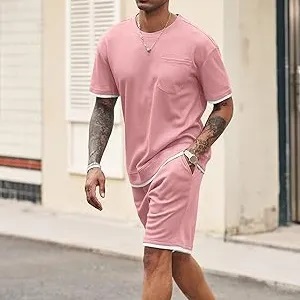 Camiseta y conjunto corto para hombre, camisetas de manga corta a la moda de verano de 2 piezas para hombre, tela tejida personalizada, informal, Color sólido de alta calidad - Product Image 3