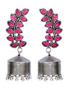 Direct Indian Supplier Best Selling Women's Stylish Pink <b>Jhumka</b> Stud Earrings Oxidised <b>Silver</b> Plated Geometric Pattern - Product Image 2