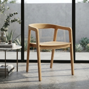 Solid Teak Wood Curved <b>Armchair</b> Slatted Seat Minimalist Natural Finish Outdoor Patio <b>Dining</b> Side Chair Setup Art Decor - Product Image 2