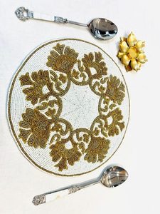 Decorative Handmade Beaded <b>Round</b> Placemat Perfect for <b>Table</b> Pearl Beaded Gold Color for Wedding Parties New Year - Product Image 5