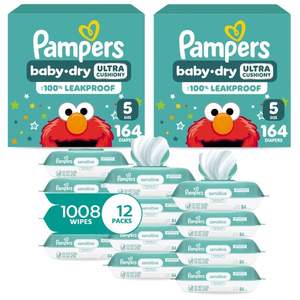 Pañales desechables Pampers Baby Dry talla 5, suministro para 2 meses (2 x 164 unidades) con toallitas húmedas sensibles a base de agua 12X - Product Image 2