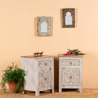 Table basse moderne extensible en bois naturel couleur mangue, finition gris, plateau blanc délavé