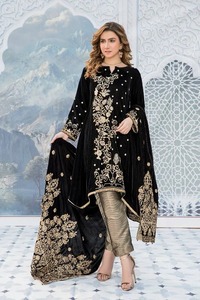 Vêtements d'hiver respirants pour femmes châle en velours brodé motif solide matériau en polyester paillettes dorées Tilla travail longueur carrée - Product Image 4