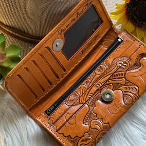 Beautiful Design Lady Floral Hand Tool Carving Genuine Leather Portable Clutches <b>Phone</b> Case Card Stylish Turquoise Flower Wallet - Product Image 2