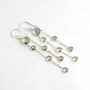 Luxury Style Faceted Round Green Amethyst Quartz Multi Stone Hanging Chain Earrings Silver Plated Bezel Set Chandelier Earrings
