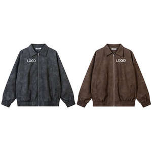 Veste en cuir PU de style Maillard American High Street Retro Trendy Jacket Zipper Lapel Gaufrage Logo Jacket - Product Image 6