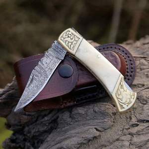 Handmade Wholesale Damascus Folding <b>Knife</b> with <b>Bone</b> <b>Handle</b> OEM Industrial Grade Outdoor Camping Customizedle with Sheath - Product Image 6