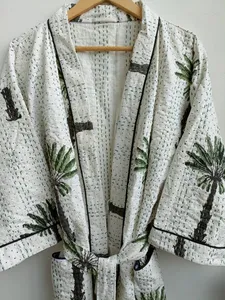 Bata Kimono Acolchada Kantha Hecha a Mano en India para Mujer, 100% Algodón, con Volantes, Doble Capa, Largo hasta el Suelo, Cintura Natural, Precio al por Mayor - Product Image 5