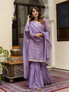 Ensemble Salwar Sharara en soie brodée pour femmes Trendmalls avec dupatta (G313-Violet clair) pour mariage - Product Image 5