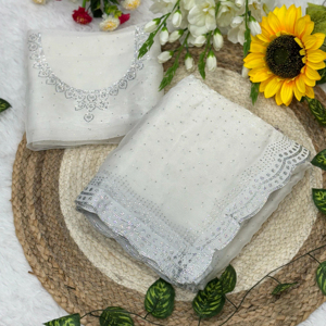 Saree de fête traditionnelle indienne et pakistanaise avec chemisier doux pur travail de diamant de cristal de fantaisie pour les saisons d'été et d'hiver - Product Image 1