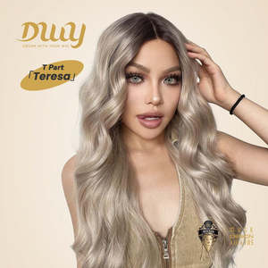 Teresa-DWY Long Wavy Synthetic <b>Wig</b> Transparent Lace Front T-Part Rooted <b>Brown</b> Blonde with Lace Front - Product Image 1